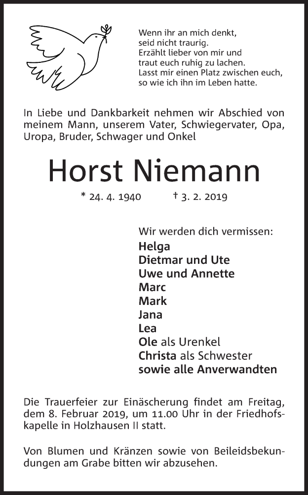  Traueranzeige für Horst Niemann vom 05.02.2019 aus Mindener Tageblatt