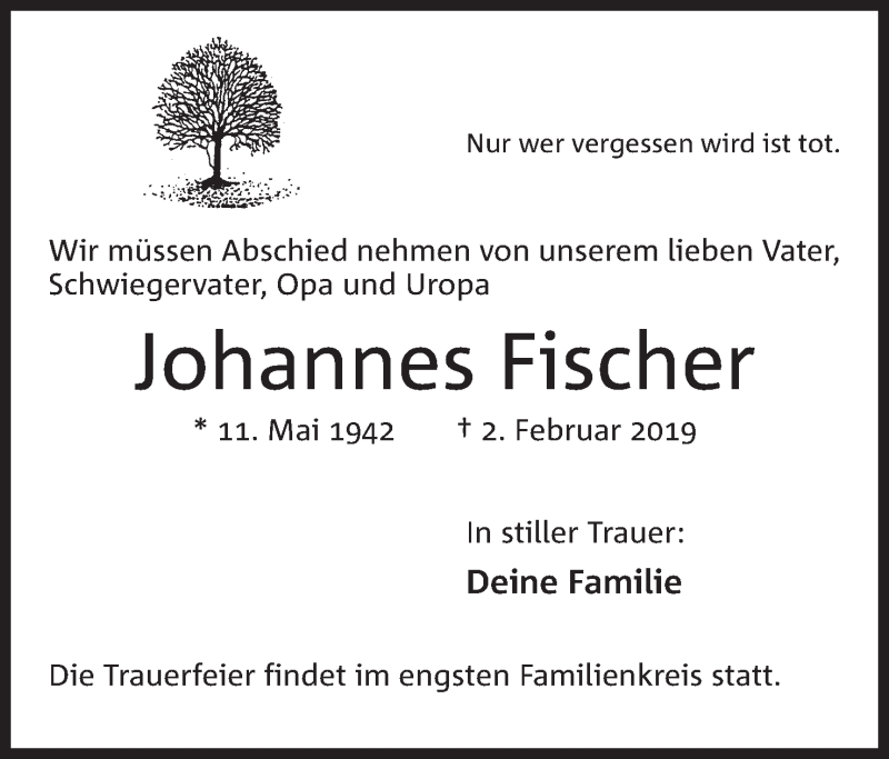  Traueranzeige für Johannes Fischer vom 06.02.2019 aus Mindener Tageblatt