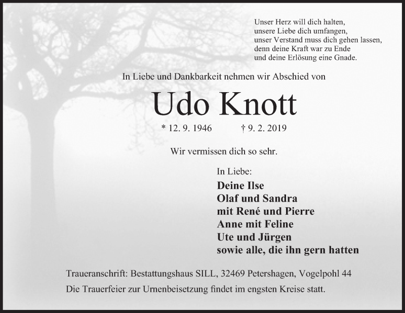  Traueranzeige für Udo Knott vom 11.02.2019 aus Mindener Tageblatt
