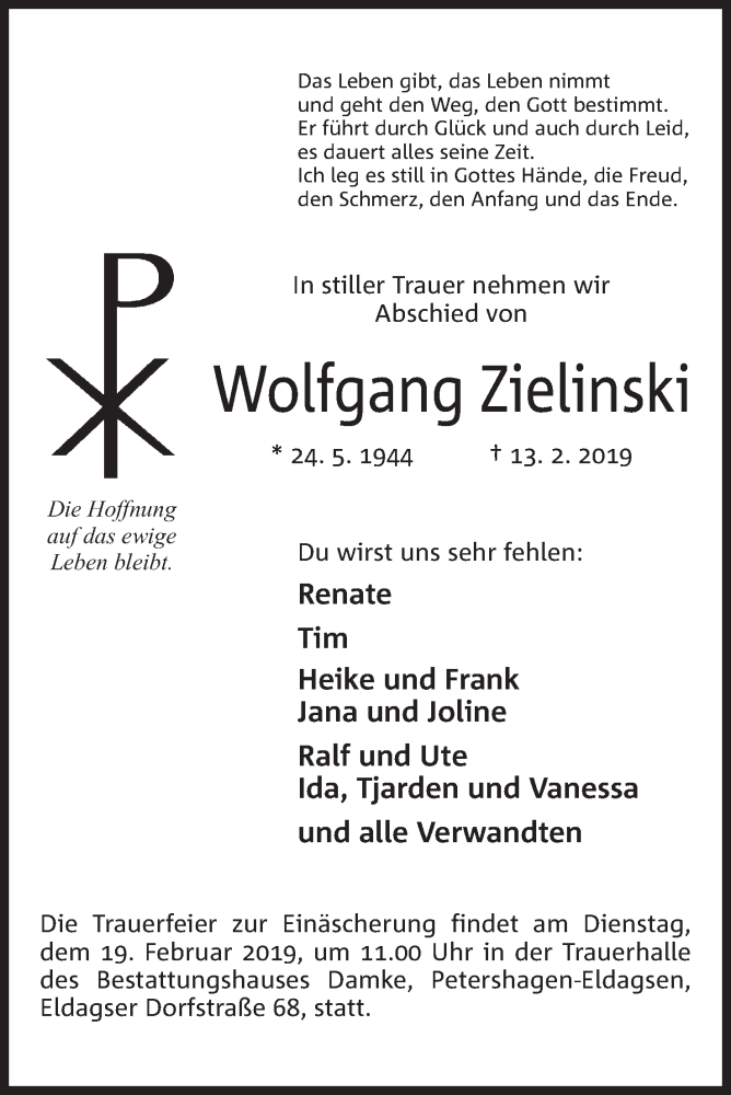  Traueranzeige für Wolfgang Zielinski vom 15.02.2019 aus Mindener Tageblatt