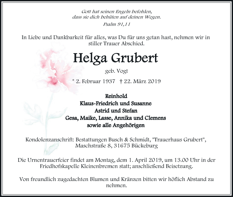  Traueranzeige für Helga Grubert vom 26.03.2019 aus Mindener Tageblatt