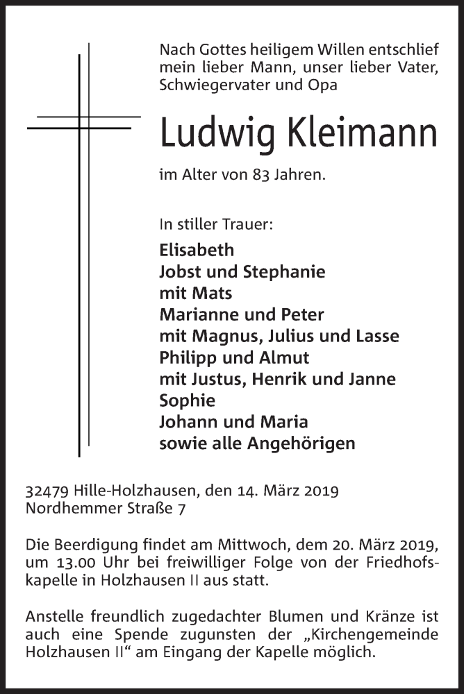  Traueranzeige für Ludwig Kleimann vom 16.03.2019 aus Mindener Tageblatt