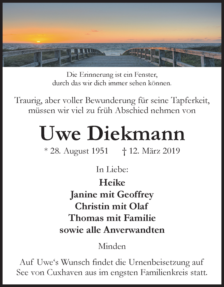  Traueranzeige für Uwe Diekmann vom 16.03.2019 aus Mindener Tageblatt