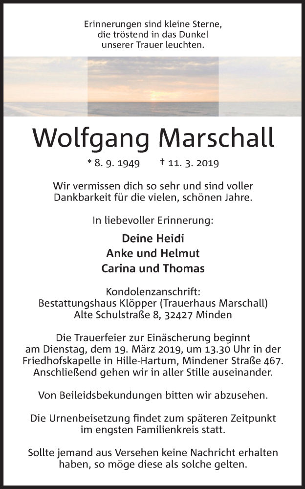 Traueranzeige für Wolfgang Marschall vom 14.03.2019 aus Mindener Tageblatt