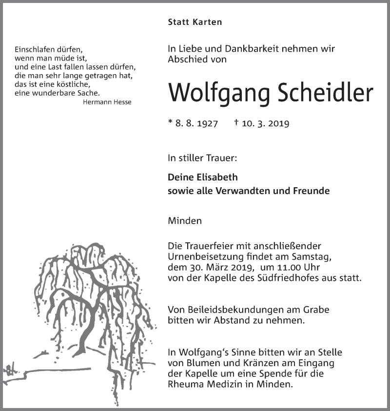  Traueranzeige für Wolfgang Scheidler vom 16.03.2019 aus Mindener Tageblatt