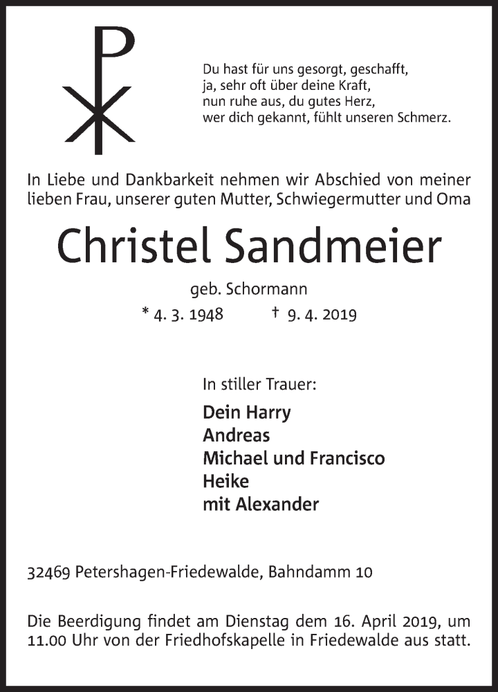  Traueranzeige für Christel Sandmeier vom 12.04.2019 aus Mindener Tageblatt