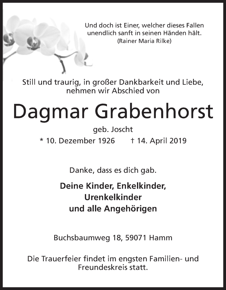  Traueranzeige für Dagmar Grabenhorst vom 24.04.2019 aus Mindener Tageblatt