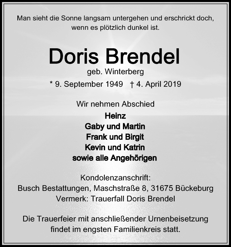  Traueranzeige für Doris Brendel vom 13.04.2019 aus Mindener Tageblatt
