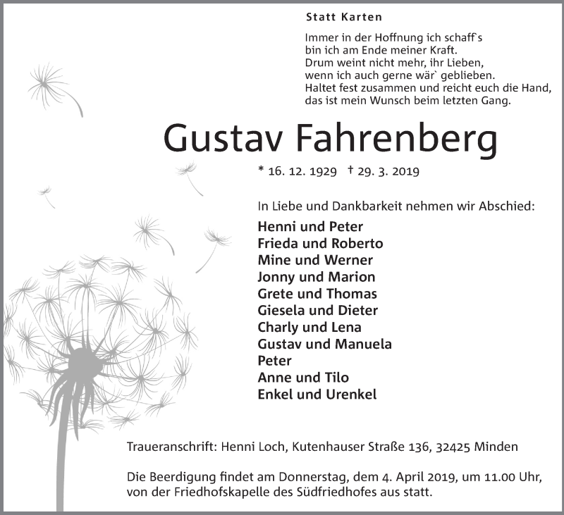  Traueranzeige für Gustav Fahrenberg vom 01.04.2019 aus Mindener Tageblatt