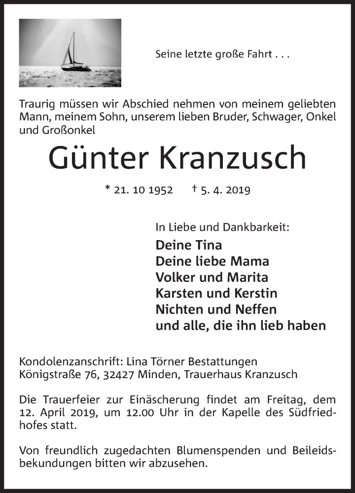  Traueranzeige für Günter Kranzusch vom 09.04.2019 aus Mindener Tageblatt