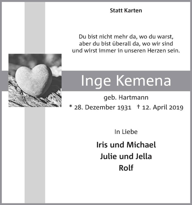  Traueranzeige für Inge Kemena vom 15.04.2019 aus Mindener Tageblatt