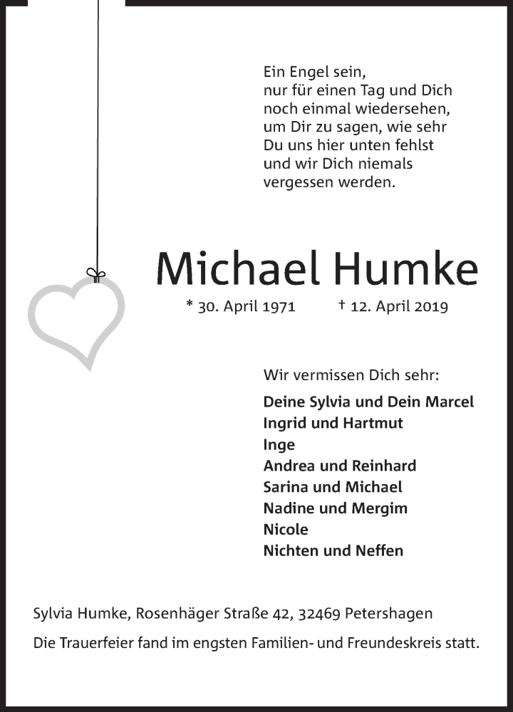  Traueranzeige für Michael Humke vom 19.04.2019 aus Mindener Tageblatt