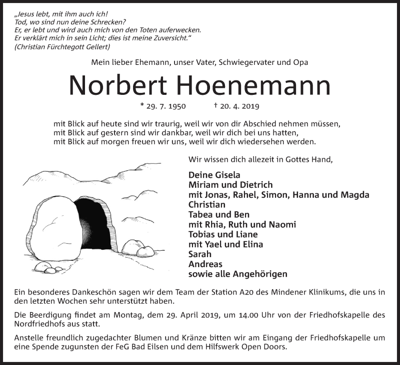  Traueranzeige für Norbert Hoenemann vom 24.04.2019 aus Mindener Tageblatt