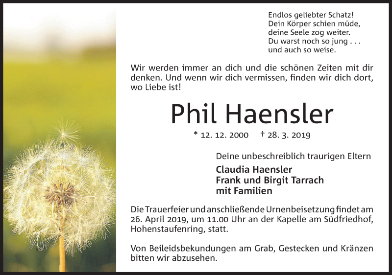  Traueranzeige für Phil Haensler vom 13.04.2019 aus Mindener Tageblatt