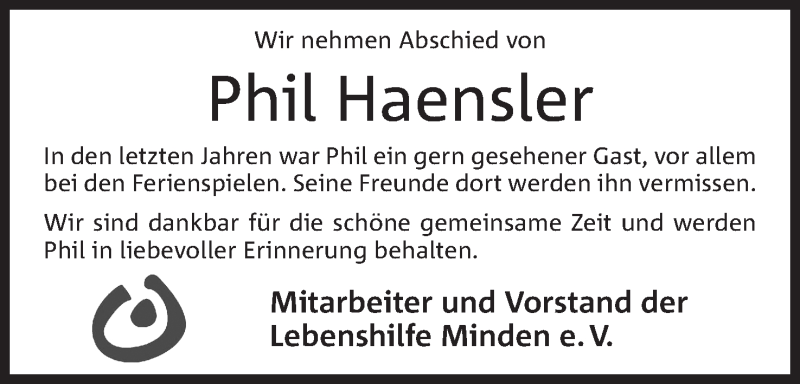  Traueranzeige für Phil Haensler vom 13.04.2019 aus Mindener Tageblatt