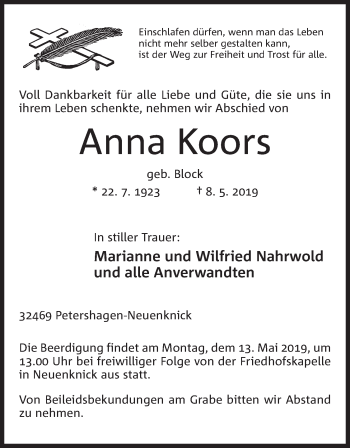 Anzeige von Anna Koors von Mindener Tageblatt
