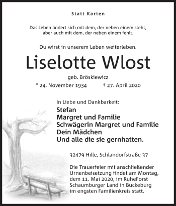 Anzeige von Liselotte Wlost von Mindener Tageblatt