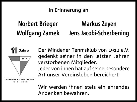 Anzeige von In Erinnerung Mindener Tennisklub von 1912 e.V. von 4401