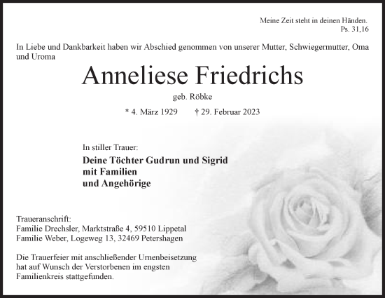 Anzeige von Anneliese Friedrichs von Mindener Tageblatt