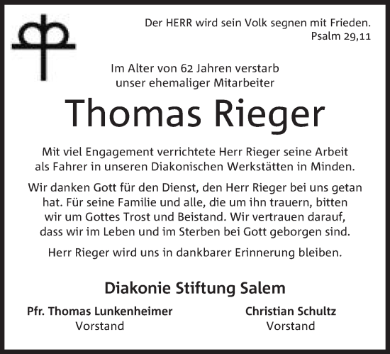 Anzeige von Thomas Rieger von Mindener Tageblatt
