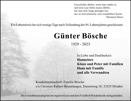 Anzeige von Günter Bösche von Mindener Tageblatt