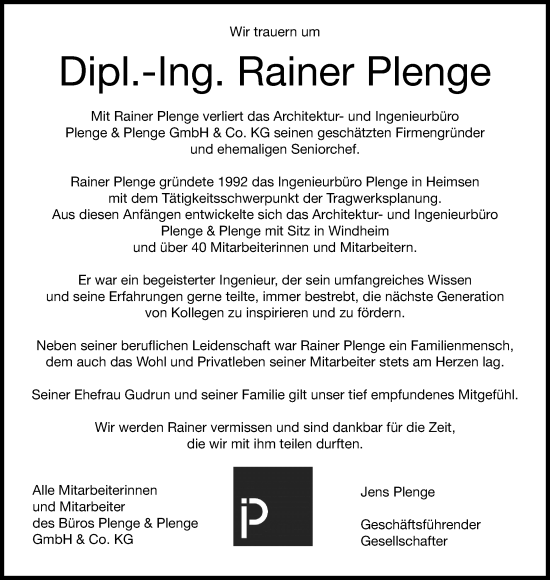 Anzeige von Rainer Plenge von 4401