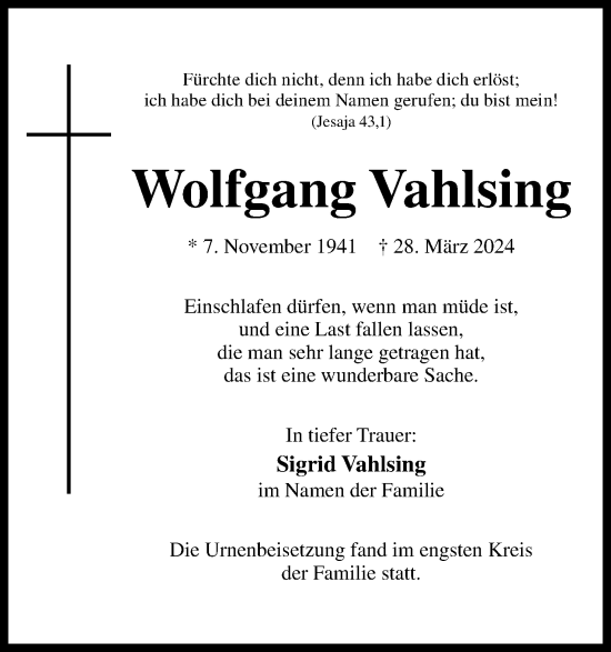 Anzeige von Wolfgang Vahlsing von 4401